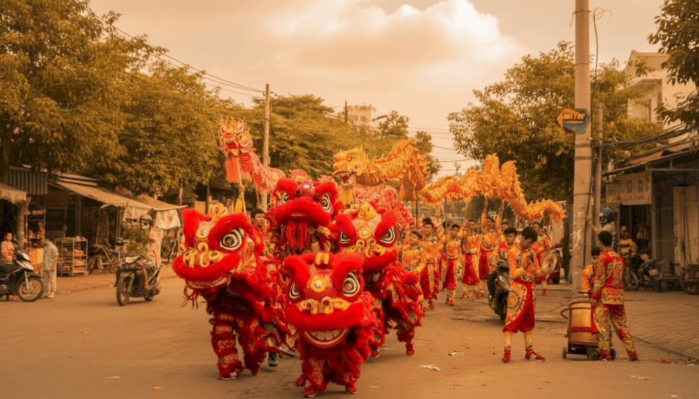Each lion color has symbolic meaning, red for happiness, yellow for wealth, and green for peace